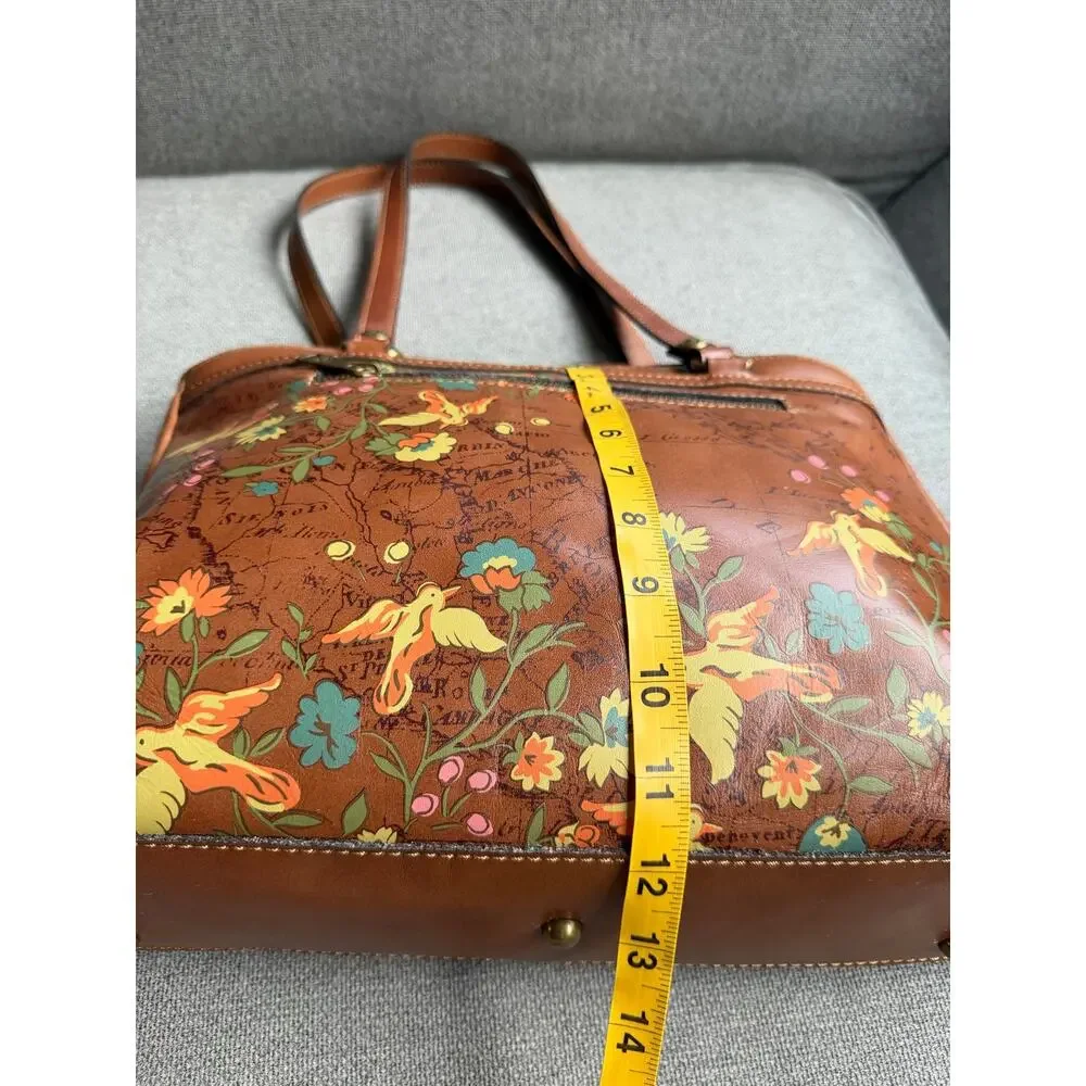 Patricia Nash Poppy Leather Boho Tote Shoulder Bag Floral Bird Map Print Tan